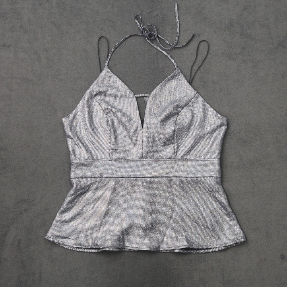 Express Womens Silver Metallic Dot Peplum Halter Top Deep V-Neck Size 8 NWT